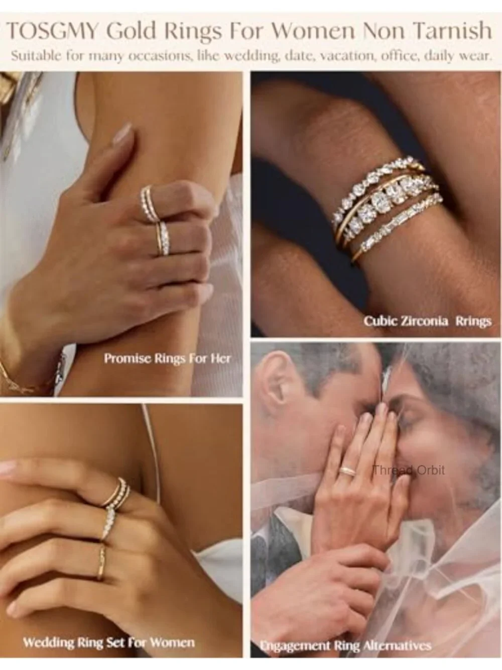 Stackable Gold Plated Cubic Zirconia Wedding Band Ring Set Non Tarnish